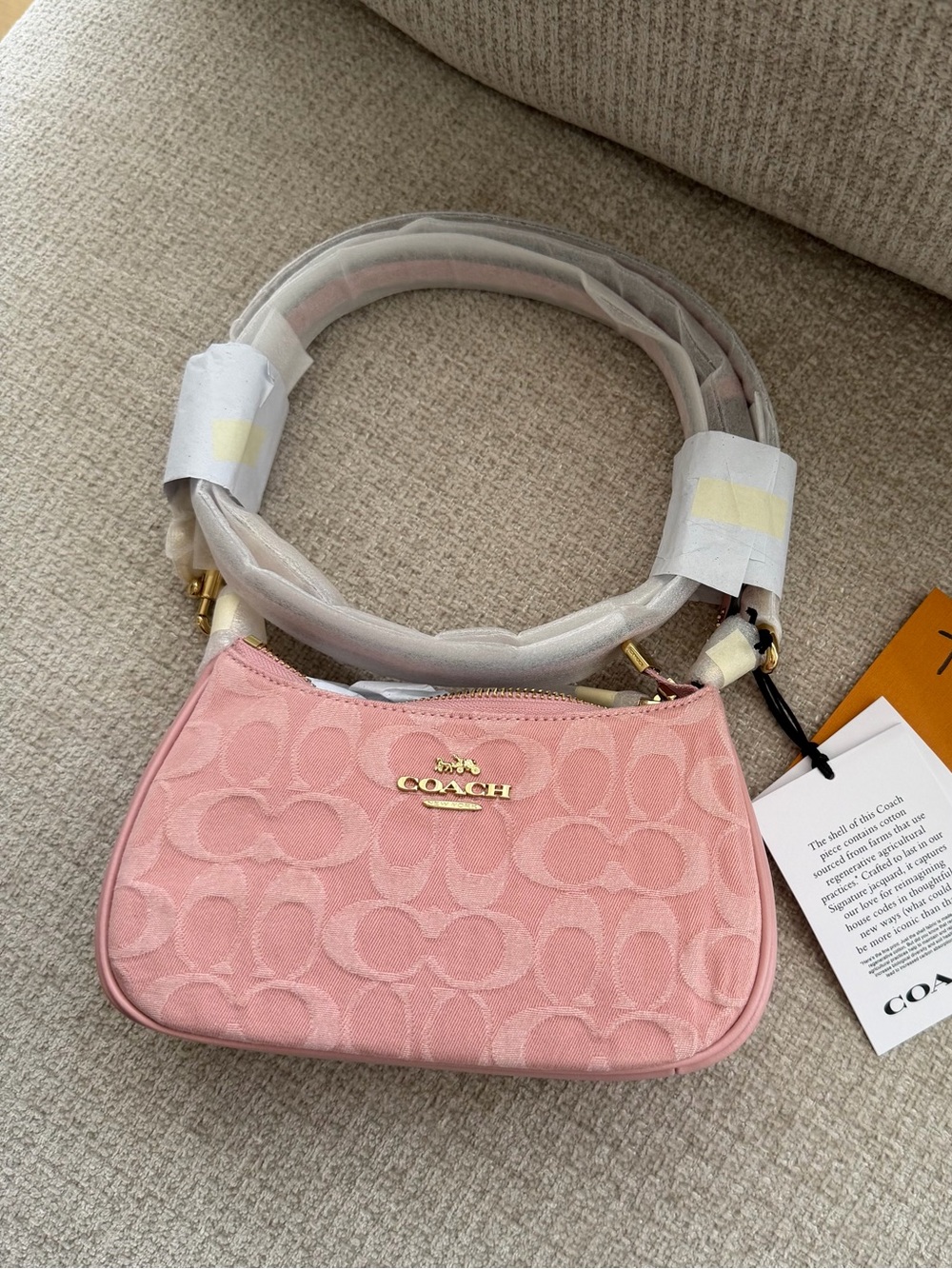 Coach Pink Signature Jacquard Mini Shoulder Bag with Gold Hardware